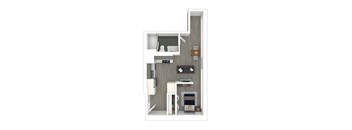A floorplan of a studio apartment with a kitchen, living space, and bathroom
