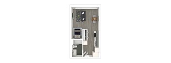 A floorplan of a studio apartment with a kitchen, living space, and bathroom.