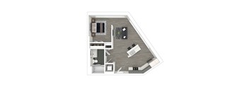 A floorplan of a studio apartment with a kitchen, living space, and bathroom.