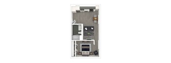 A floorplan of a studio apartment with a kitchen, living space, and bathroom.