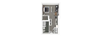 A floorplan of a studio apartment with a kitchen, living space, closets, and bathroom.