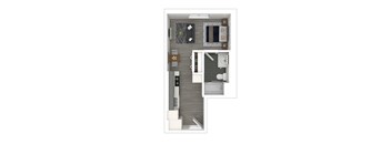 A floorplan of a studio apartment with a kitchen, living space, and bathroom.