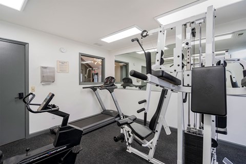 apartment fitness center with weight and cardio equipment