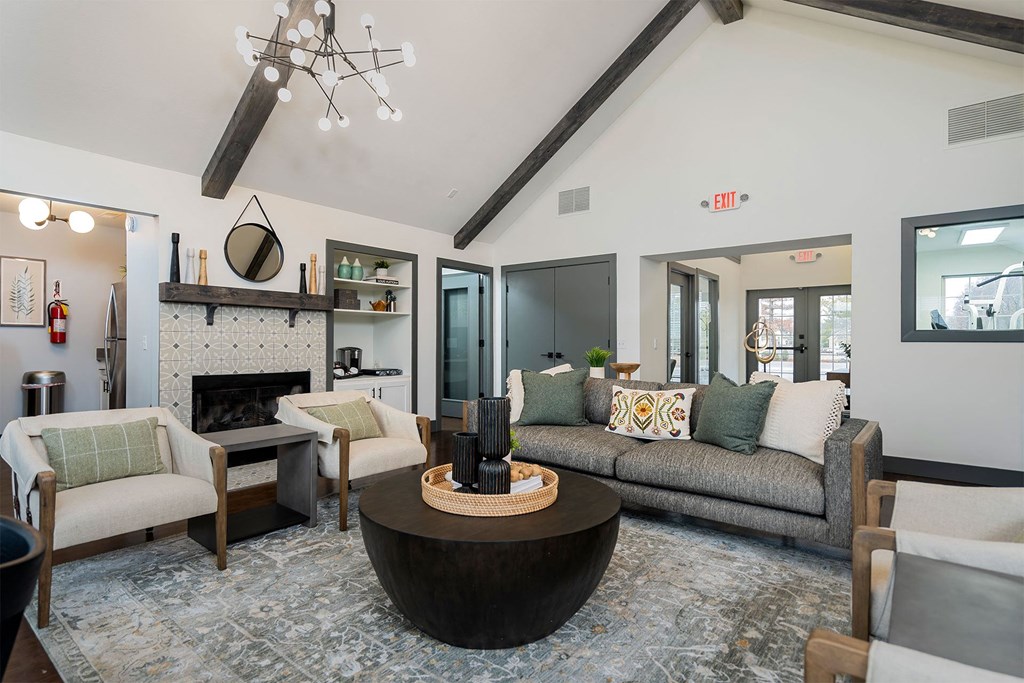 apartment club house with lounge seating fireplace and communtiy kitchen