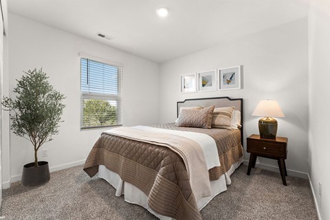 A bedroom with a bed, nightstand, and a potted tree.