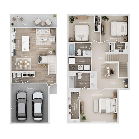 A floor plan of a house with two garages and three bedrooms.