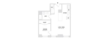 A floor plan of an apartment with a bedroom, bathroom, kitchen, and living/dining area.