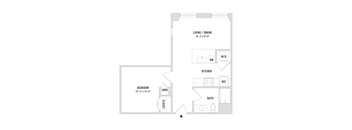A floor plan of an apartment with a bedroom, bathroom, kitchen, and living room.