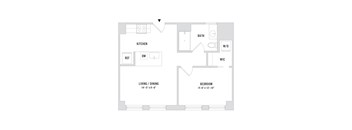 A floor plan of an apartment with a living room, dining room, kitchen, bedroom, and bathroom.