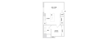 A floor plan of an apartment with a living area, kitchen, bathroom, and bedroom.