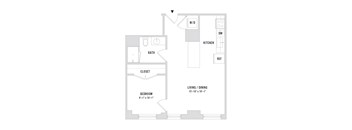 A floor plan of an apartment with a bedroom, bathroom, kitchen, and living/dining room.