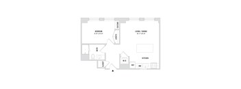 A floor plan of an apartment with a bedroom, bathroom, kitchen, and living/dining area.