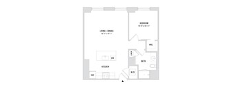 A floor plan of an apartment with a living room, kitchen, bathroom, and bedroom.
