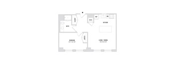 A floor plan of an apartment with a bedroom, bathroom, kitchen, and living/dining room.
