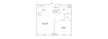 A floor plan of an apartment with a living room, dining room, kitchen, bedroom, bathroom, and closet.