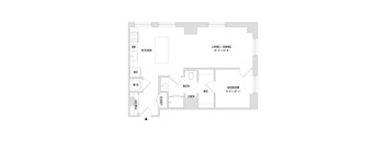 A floor plan of a home with a living room, dining room, kitchen, bathroom, bedroom, pantry, and laundry room.