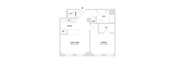 A floor plan of an apartment with a living room, dining room, kitchen, bedroom, bathroom, and laundry.