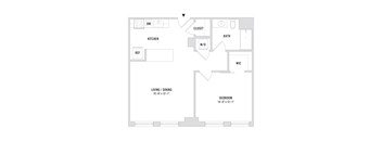 A floor plan of an apartment with a living/dining area, kitchen, bathroom, bedroom, and a closet.