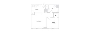 A floor plan of an apartment with a kitchen, living room, dining room, bedroom, and bathroom.