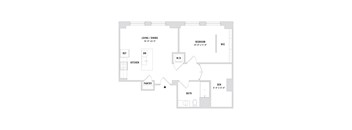 A floor plan of a home with a living room, dining room, kitchen, pantry, bedroom, bathroom, and den.