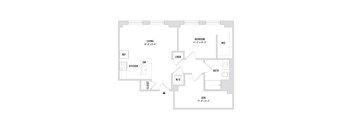 A floor plan of a home with a living room, kitchen, bedroom, bathroom, and den.