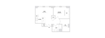 A floor plan of a home with a living room, kitchen, bedroom, bathroom, and den.