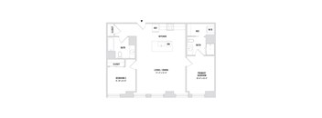 A floor plan of an apartment with a living room, dining room, kitchen, and two bedrooms.