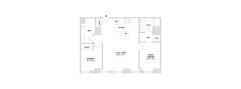 A floor plan of a home with a living room, dining room, kitchen, two bedrooms, and two bathrooms.