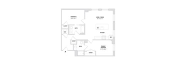 A floor plan of a home with a living room, two bedrooms, a kitchen, and two bathrooms.