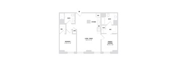 A floor plan of a home with two bedrooms, a living area, a kitchen, a laundry room, and two bathrooms.