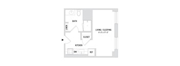 A floor plan of a studio apartment with a kitchen and bathroom.