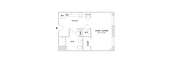 A floor plan of a studio apartment with a kitchen and bathroom.