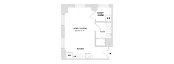 A floor plan of a studio apartment with a living/sleeping area, kitchen, bathroom, and closet/laundry area.