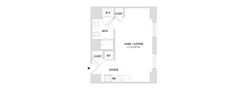 A floor plan of a studio apartment with a sleeping/ living area, kitchen, bathroom and two closets.