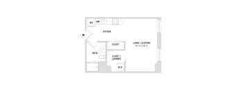 A floor plan of a studio apartment with a kitchen, bathroom, closet, and laundry area.