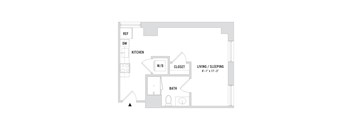 A floor plan of a studio apartment with a kitchen and bathroom.