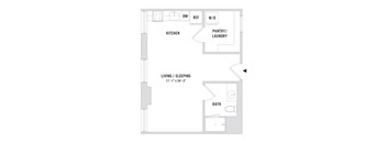 A floor plan of a studio apartment with a living/sleeping area, kitchen, bathroom, and pantry/laundry room.