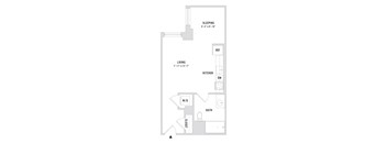 A floor plan of a small apartment with a sleeping area, a living area, a kitchen, a bathroom, and a closet.