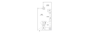 A floor plan of a studio apartment with a sleeping area, a living area, a kitchen, a bathroom, and a linen closet.
