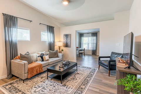 A living room with a couch, chair, and television.