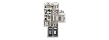 A floor plan of a two-story home with a garage for two cars.