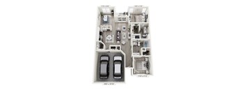 A floor plan of a two bedroom apartment with a garage for two cars.