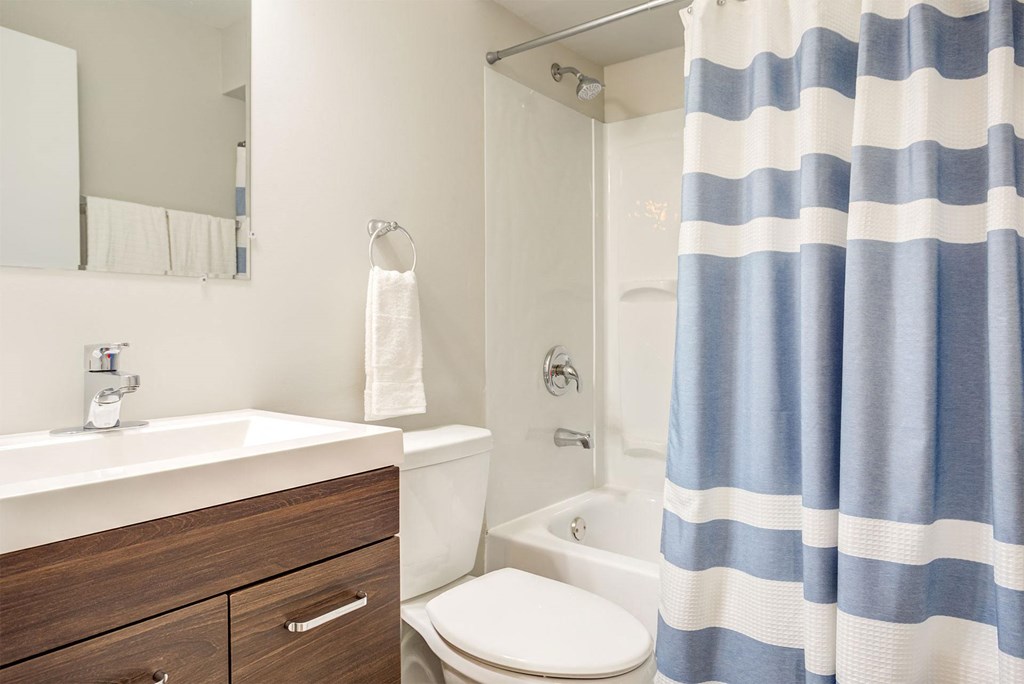 a bathroom with a shower curtain and a toilet and sink
