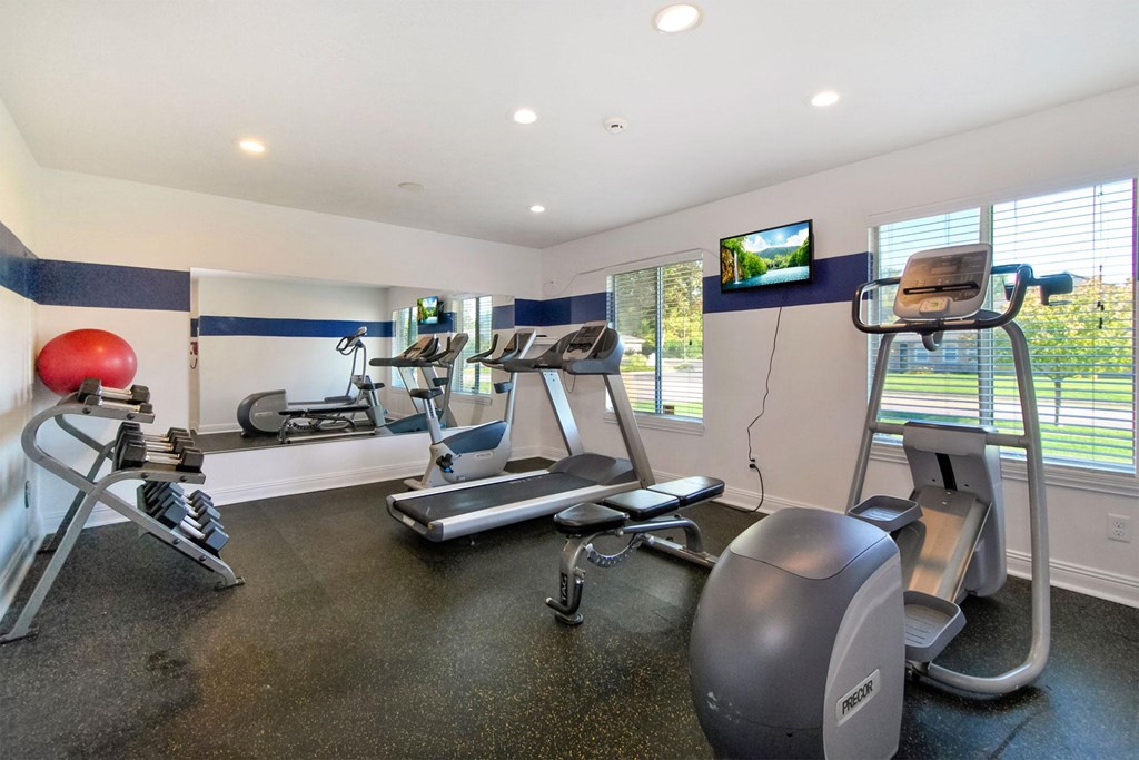 A gym with a variety of equipment including treadmills, exercise balls, and weight machines.