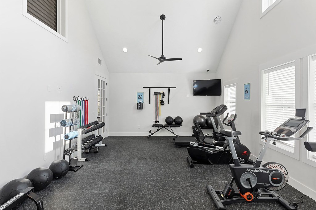 the gym has plenty of exercise equipment and a tv