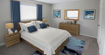 a bedroom with gray walls and blue curtains
