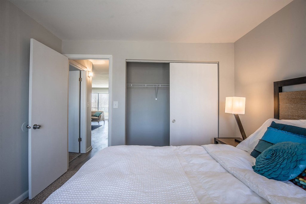 a bedroom with a large bed and a closet