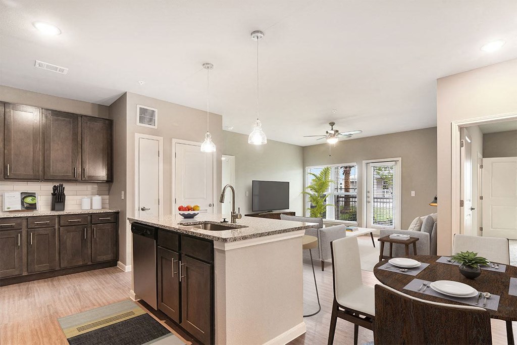 kitchen with island next to dining room