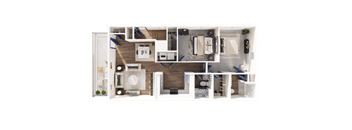 A top-down view of a house layout with a living room, kitchen, dining area, and bedrooms.