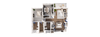 A detailed 3D floor plan of a house layout.